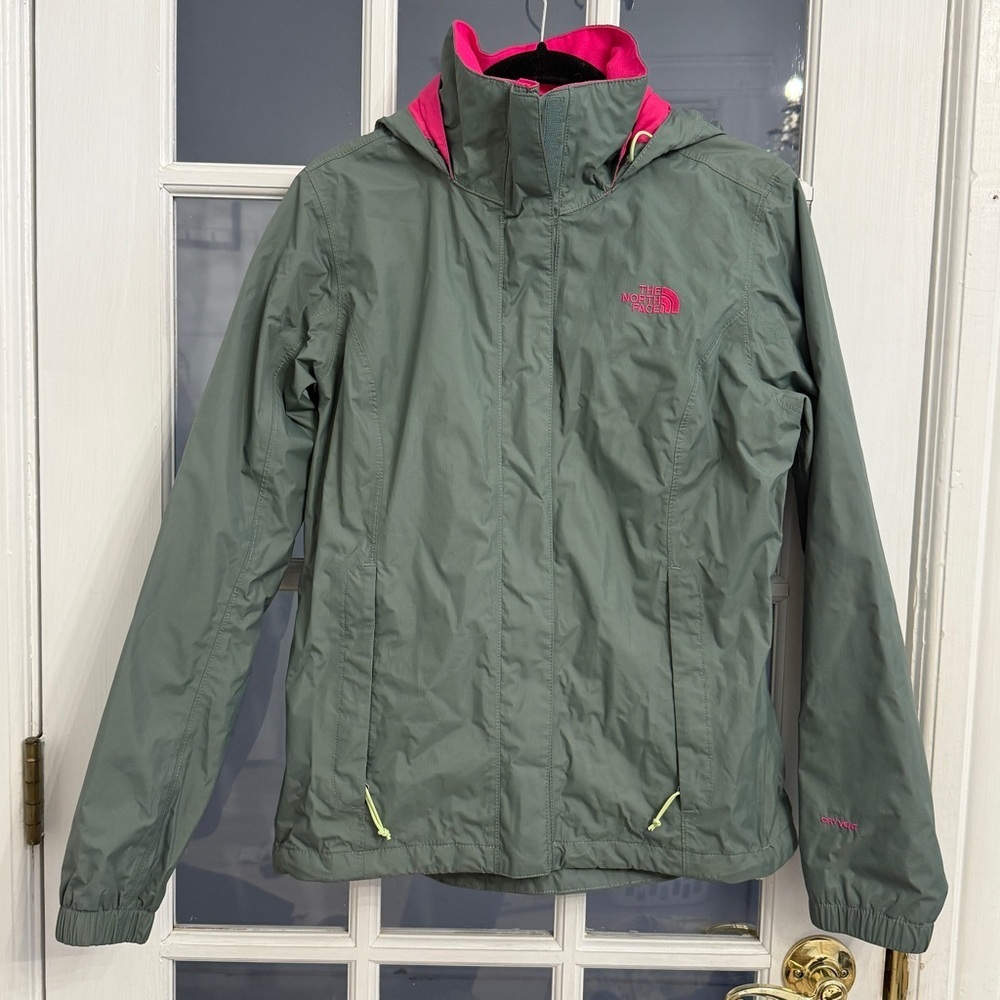 THE NORTH FACE Women's Olive Green & Pink Resolve Hooded Rain Jacket Size S